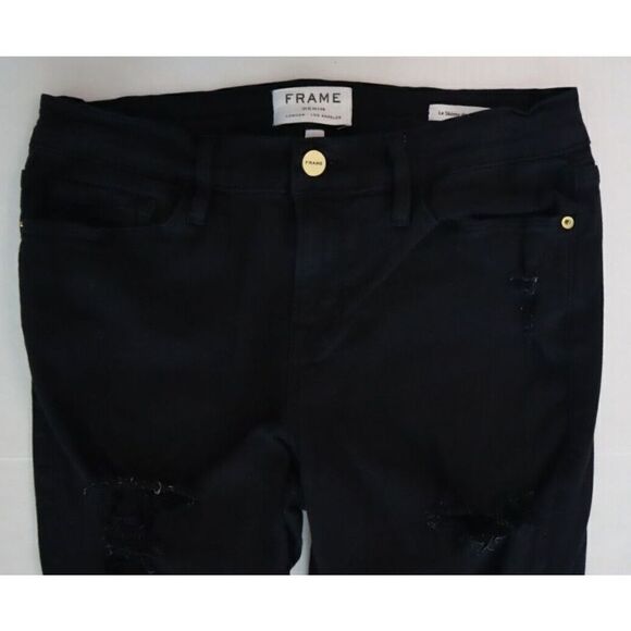 Frame Women Sz 29 Black Film Noir Le Skinny de Jeanne Distressed Denim Jeans $20 - Picture 4 of 8